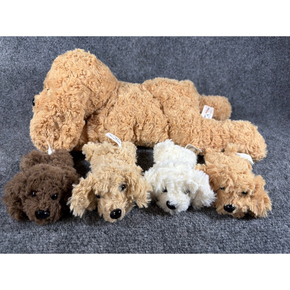 Snug A Babies Plush Dog Mama with 4 Puppies Zippered Belly Tan Brown White Set